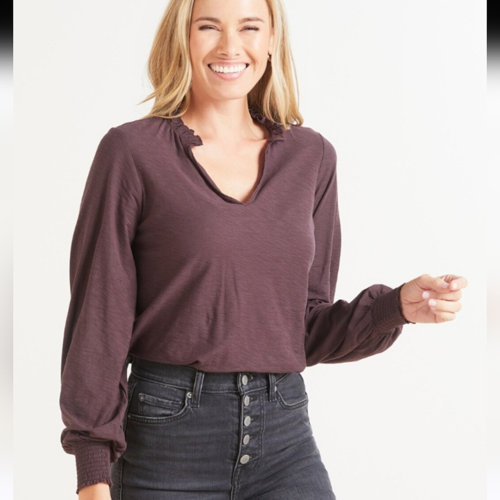 Nation LTD Sasha Peasant Tee Eggplant Purple V Neck Long Sleeve Smocked XS
